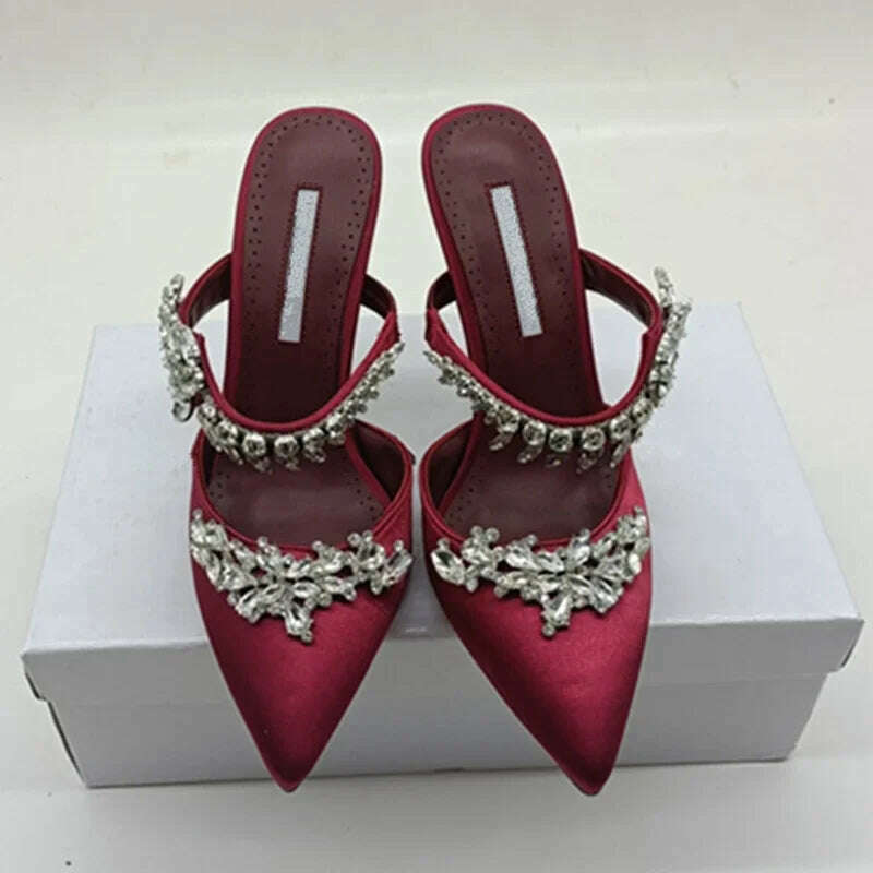 KIMLUD, 2024 European and American Women's New High Heels Shallow Mouth Pointed Satin Wheat Rhinestone Stiletto Heel Fashion Half Slippe, wine red 10 cm / 41, KIMLUD Womens Clothes
