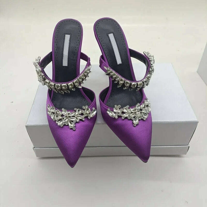 KIMLUD, 2024 European and American Women's New High Heels Shallow Mouth Pointed Satin Wheat Rhinestone Stiletto Heel Fashion Half Slippe, purple 10cm / 36, KIMLUD Womens Clothes