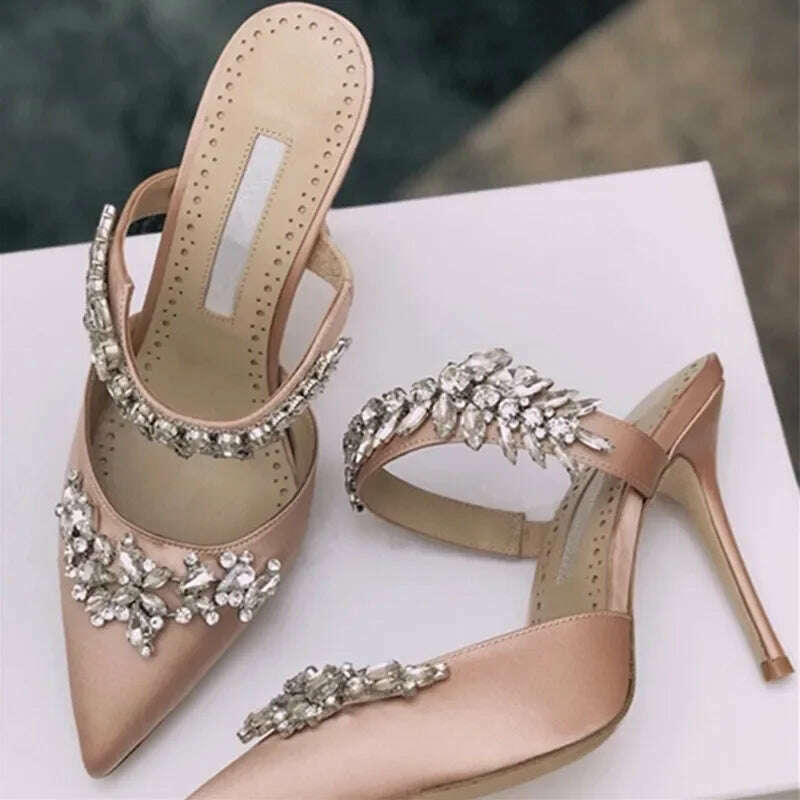 KIMLUD, 2024 European and American Women's New High Heels Shallow Mouth Pointed Satin Wheat Rhinestone Stiletto Heel Fashion Half Slippe, Pink 7 cm / 38, KIMLUD Womens Clothes