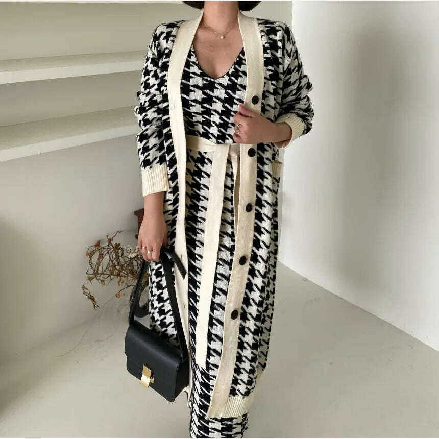 KIMLUD, 2024 Korean Sweater Set Fashion Vintage V-Neck Long Knitted Sweater Coat + Houndstooth Vest Dress Female Two-Piece Suit Outfits, KIMLUD Womens Clothes