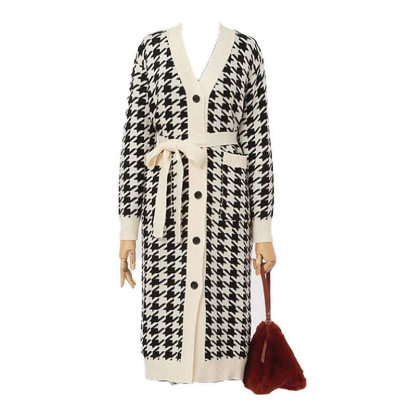 KIMLUD, 2024 Korean Sweater Set Fashion Vintage V-Neck Long Knitted Sweater Coat + Houndstooth Vest Dress Female Two-Piece Suit Outfits, One Size / Only Coat, KIMLUD Womens Clothes