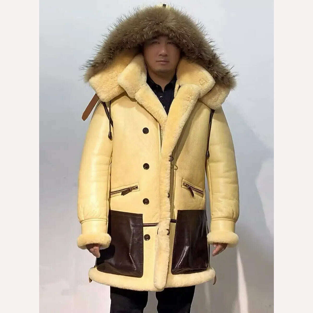 KIMLUD, 2024 Luxury Men's Genuine Leather Coat Sheepskin Shearling Jacket Thick Wool Liner Raccoon Fur Hooded Patchwork Plus Oversized, KIMLUD Women's Clothes