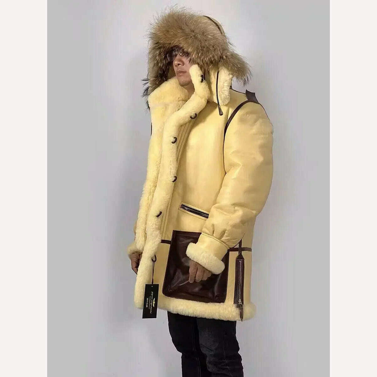 KIMLUD, 2024 Luxury Men's Genuine Leather Coat Sheepskin Shearling Jacket Thick Wool Liner Raccoon Fur Hooded Patchwork Plus Oversized, KIMLUD Women's Clothes