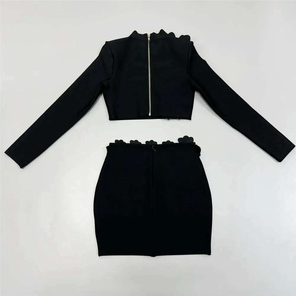 KIMLUD, 2024 New Autumn Women Bandage Sets Sexy Beading Long Sleeve Tops Mini Skirt Club Party Outwear Two Pieces Sets, KIMLUD Womens Clothes
