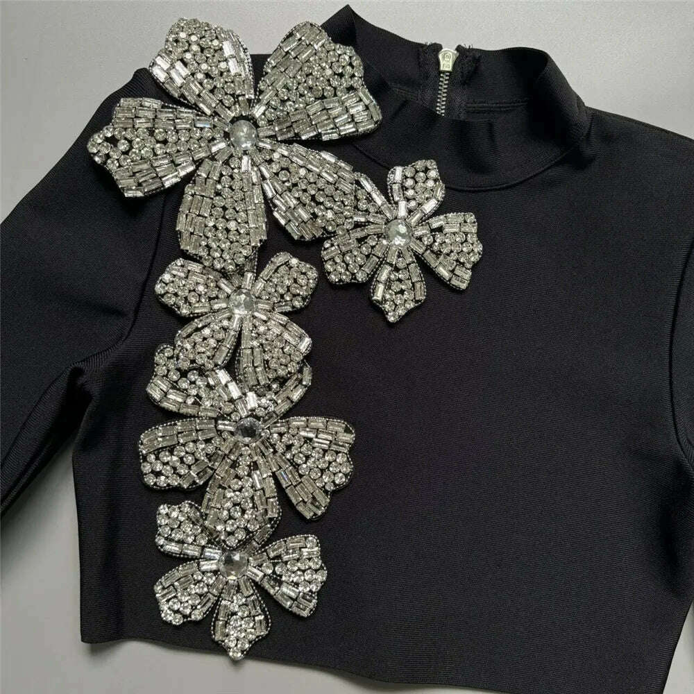 KIMLUD, 2024 New Autumn Women Bandage Sets Sexy Beading Long Sleeve Tops Mini Skirt Club Party Outwear Two Pieces Sets, KIMLUD Womens Clothes
