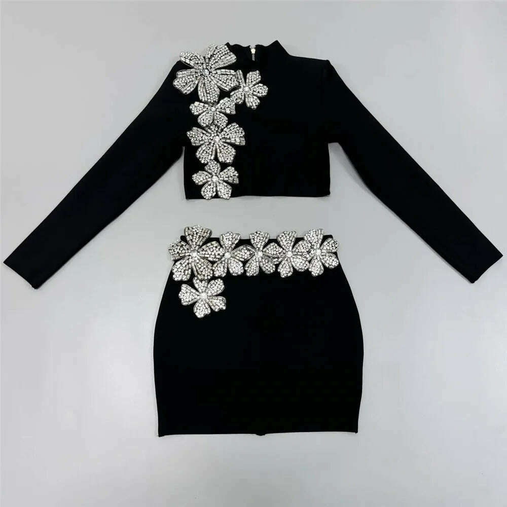 KIMLUD, 2024 New Autumn Women Bandage Sets Sexy Beading Long Sleeve Tops Mini Skirt Club Party Outwear Two Pieces Sets, black / L, KIMLUD APPAREL - Womens Clothes