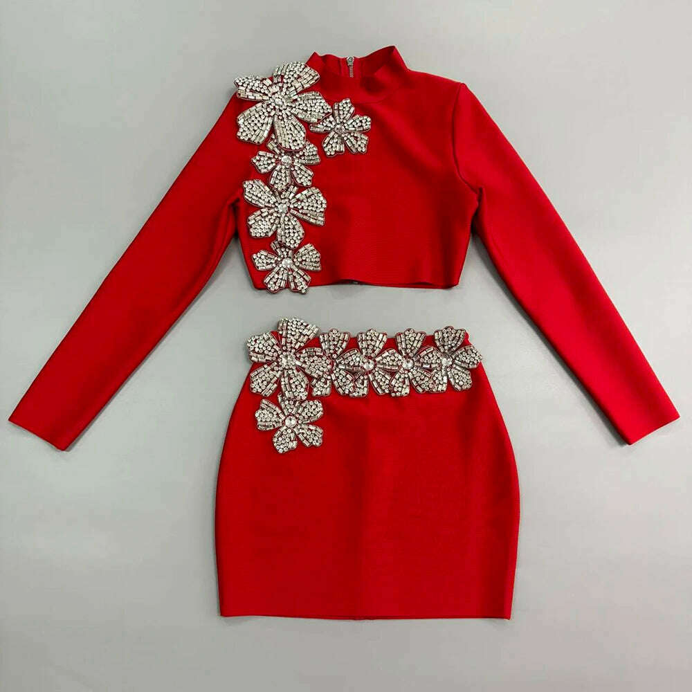 KIMLUD, 2024 New Autumn Women Bandage Sets Sexy Beading Long Sleeve Tops Mini Skirt Club Party Outwear Two Pieces Sets, Red / S, KIMLUD APPAREL - Womens Clothes