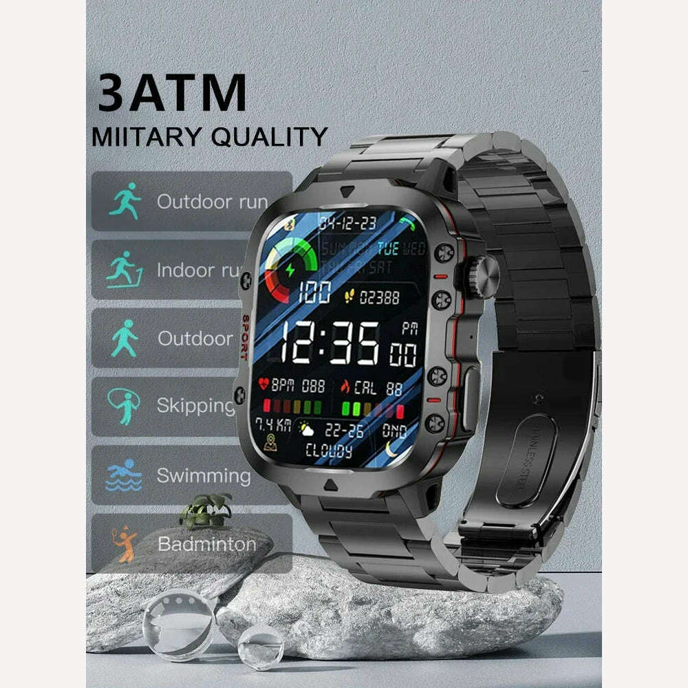 KIMLUD, 2024 New Bluetooth Call Smartwatch Men's Rugged Military Sports Heart Rate 3ATM Waterproof Outdoor Smart Watches For Android IOS, KIMLUD Womens Clothes