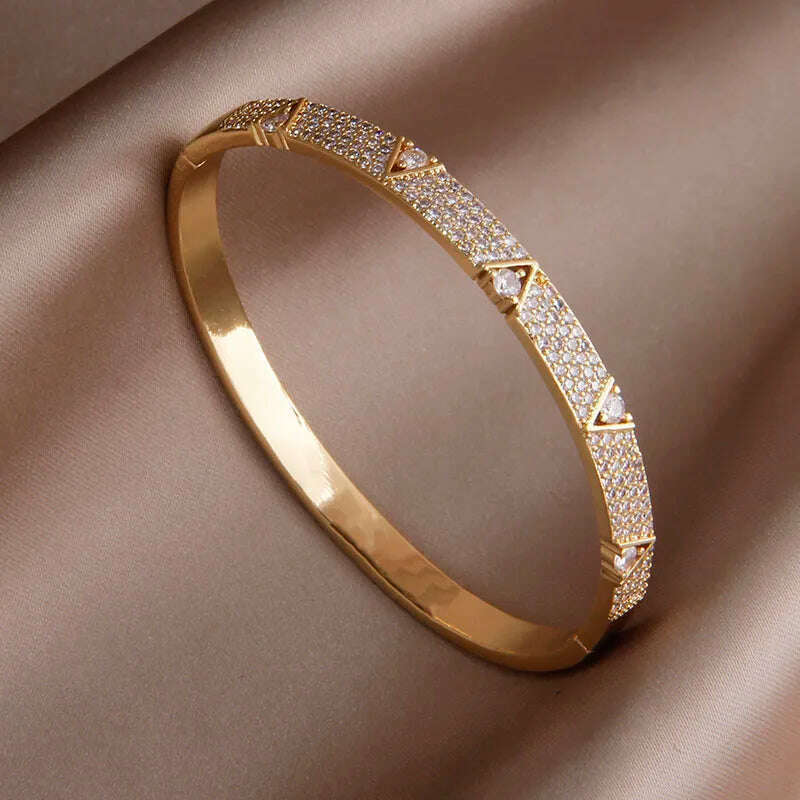 KIMLUD, 2024 New Design Full Crystal Letter V Open Bangles for Women Fashion Brand Jewelry Delicate Zirconia Bracelets Party Gifts, F0507-gold, KIMLUD Womens Clothes