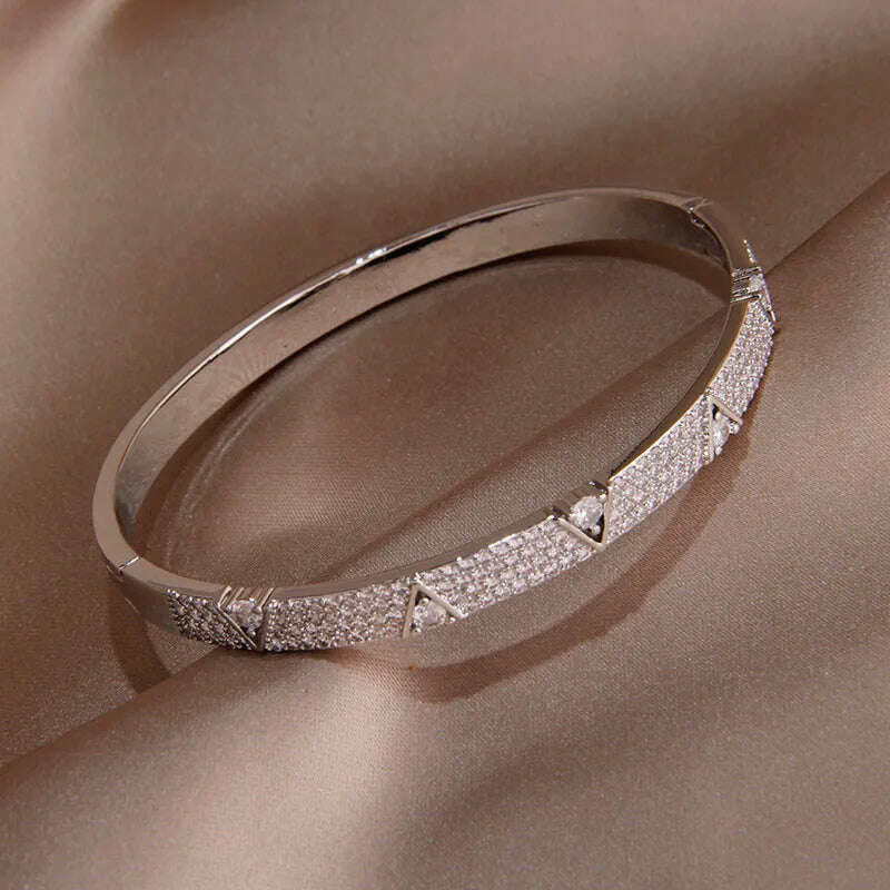 KIMLUD, 2024 New Design Full Crystal Letter V Open Bangles for Women Fashion Brand Jewelry Delicate Zirconia Bracelets Party Gifts, KIMLUD Womens Clothes