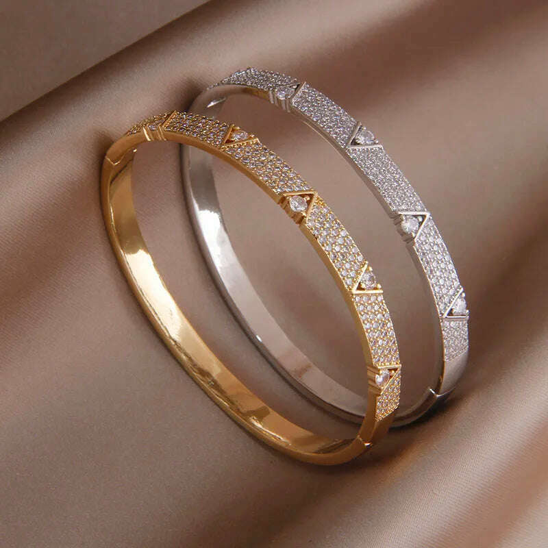 KIMLUD, 2024 New Design Full Crystal Letter V Open Bangles for Women Fashion Brand Jewelry Delicate Zirconia Bracelets Party Gifts, KIMLUD Womens Clothes