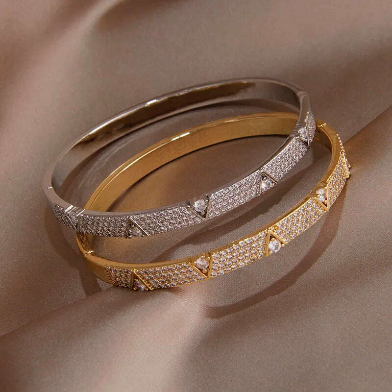 KIMLUD, 2024 New Design Full Crystal Letter V Open Bangles for Women Fashion Brand Jewelry Delicate Zirconia Bracelets Party Gifts, KIMLUD Womens Clothes
