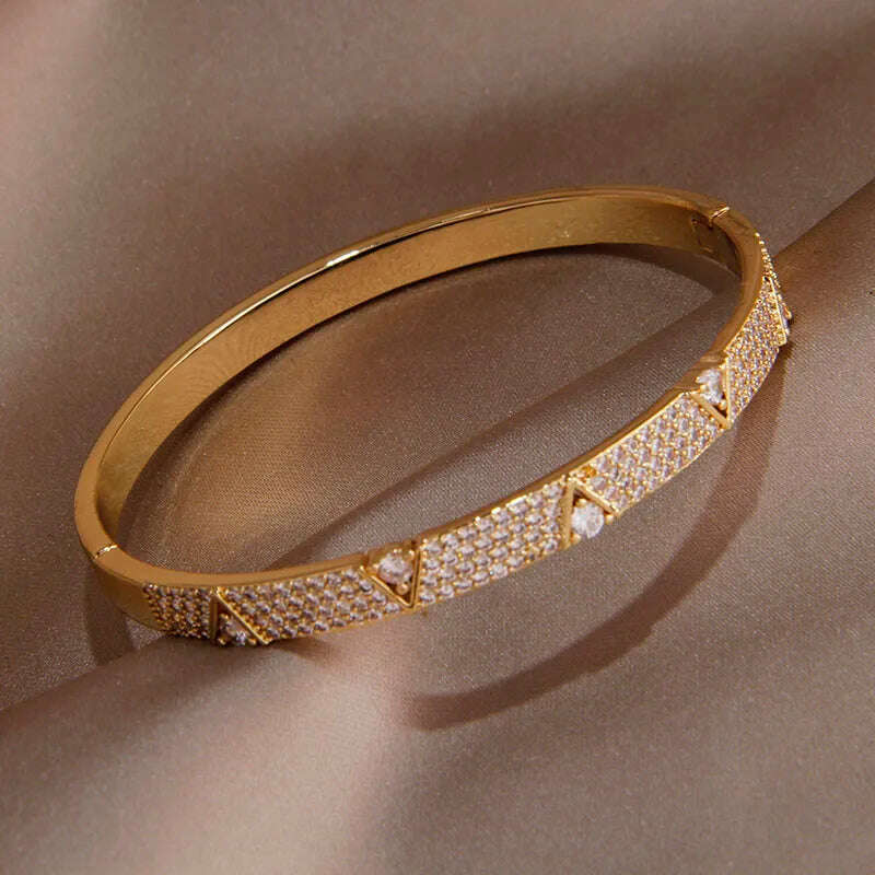 KIMLUD, 2024 New Design Full Crystal Letter V Open Bangles for Women Fashion Brand Jewelry Delicate Zirconia Bracelets Party Gifts, KIMLUD Womens Clothes