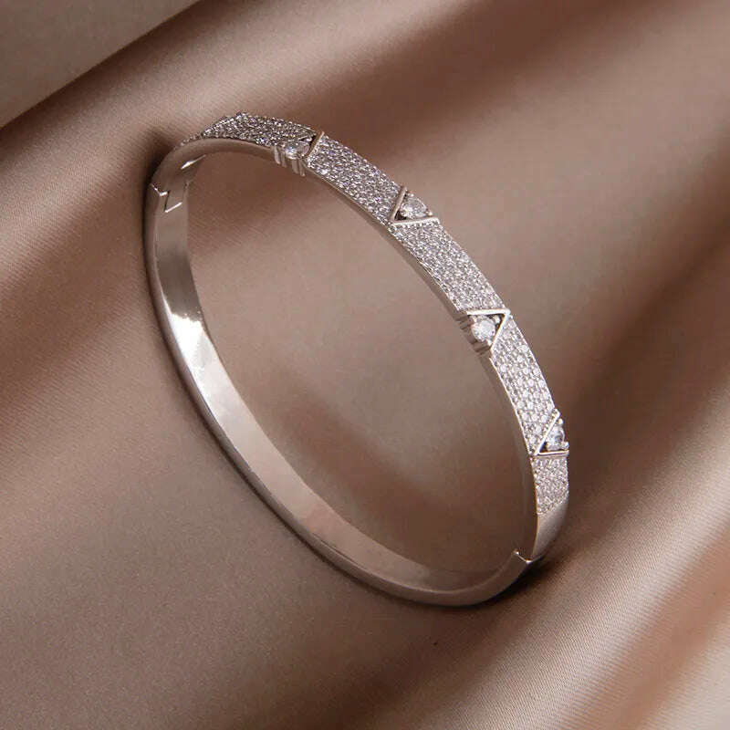 KIMLUD, 2024 New Design Full Crystal Letter V Open Bangles for Women Fashion Brand Jewelry Delicate Zirconia Bracelets Party Gifts, F0507-silver, KIMLUD Womens Clothes