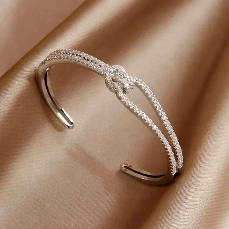 KIMLUD, 2024 New Design Full Crystal Letter V Open Bangles for Women Fashion Brand Jewelry Delicate Zirconia Bracelets Party Gifts, Y0802 silver, KIMLUD Womens Clothes
