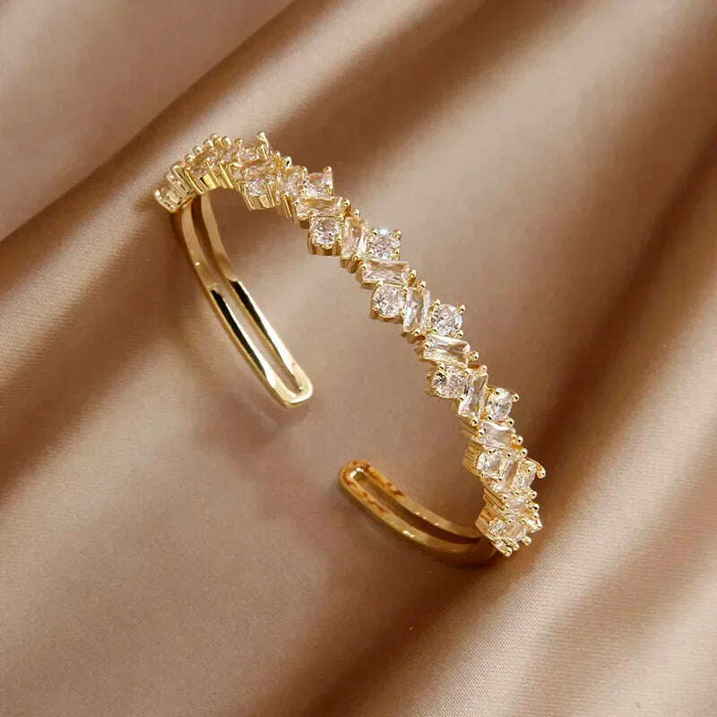 KIMLUD, 2024 New Design Full Crystal Letter V Open Bangles for Women Fashion Brand Jewelry Delicate Zirconia Bracelets Party Gifts, L0708 gold, KIMLUD Womens Clothes