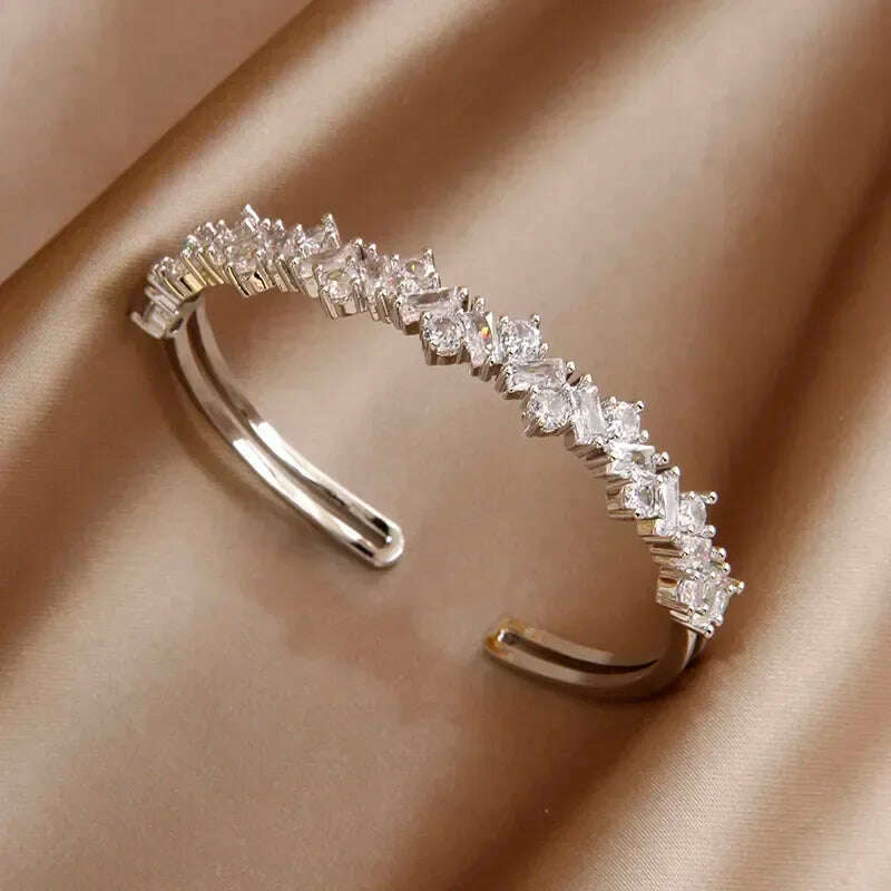 KIMLUD, 2024 New Design Full Crystal Letter V Open Bangles for Women Fashion Brand Jewelry Delicate Zirconia Bracelets Party Gifts, L0708 silver, KIMLUD Womens Clothes