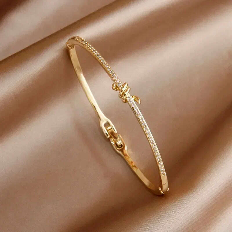 KIMLUD, 2024 New Design Full Crystal Letter V Open Bangles for Women Fashion Brand Jewelry Delicate Zirconia Bracelets Party Gifts, L0504 knot, KIMLUD Womens Clothes