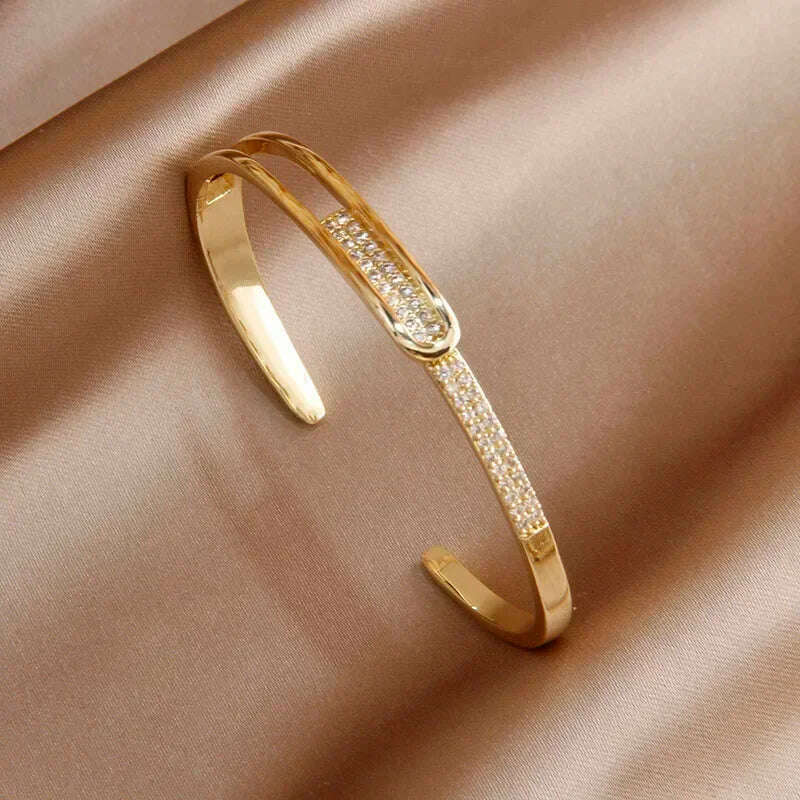 KIMLUD, 2024 New Design Full Crystal Letter V Open Bangles for Women Fashion Brand Jewelry Delicate Zirconia Bracelets Party Gifts, L0808 gold, KIMLUD Womens Clothes