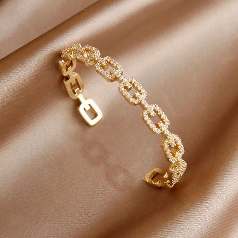 KIMLUD, 2024 New Design Full Crystal Letter V Open Bangles for Women Fashion Brand Jewelry Delicate Zirconia Bracelets Party Gifts, Y0702-gold, KIMLUD Womens Clothes