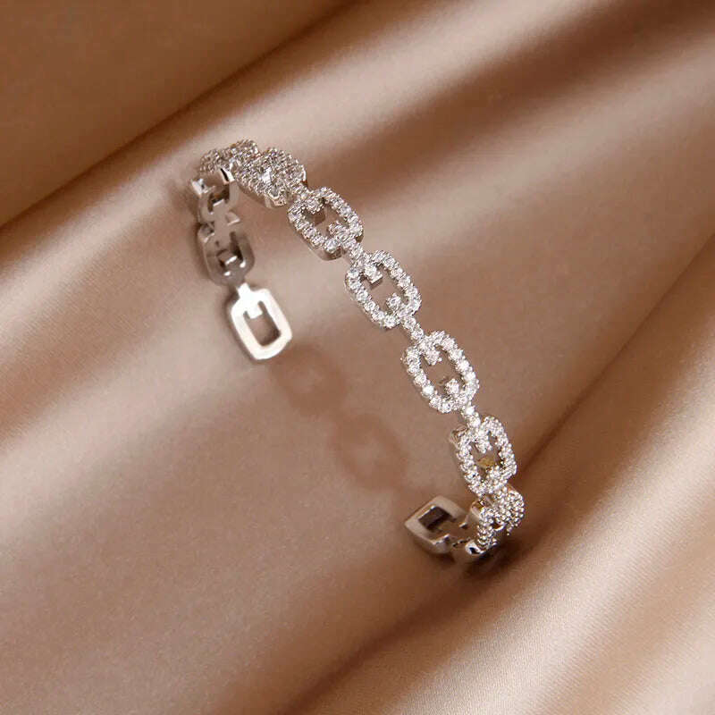 KIMLUD, 2024 New Design Full Crystal Letter V Open Bangles for Women Fashion Brand Jewelry Delicate Zirconia Bracelets Party Gifts, Y0702-silver, KIMLUD Womens Clothes