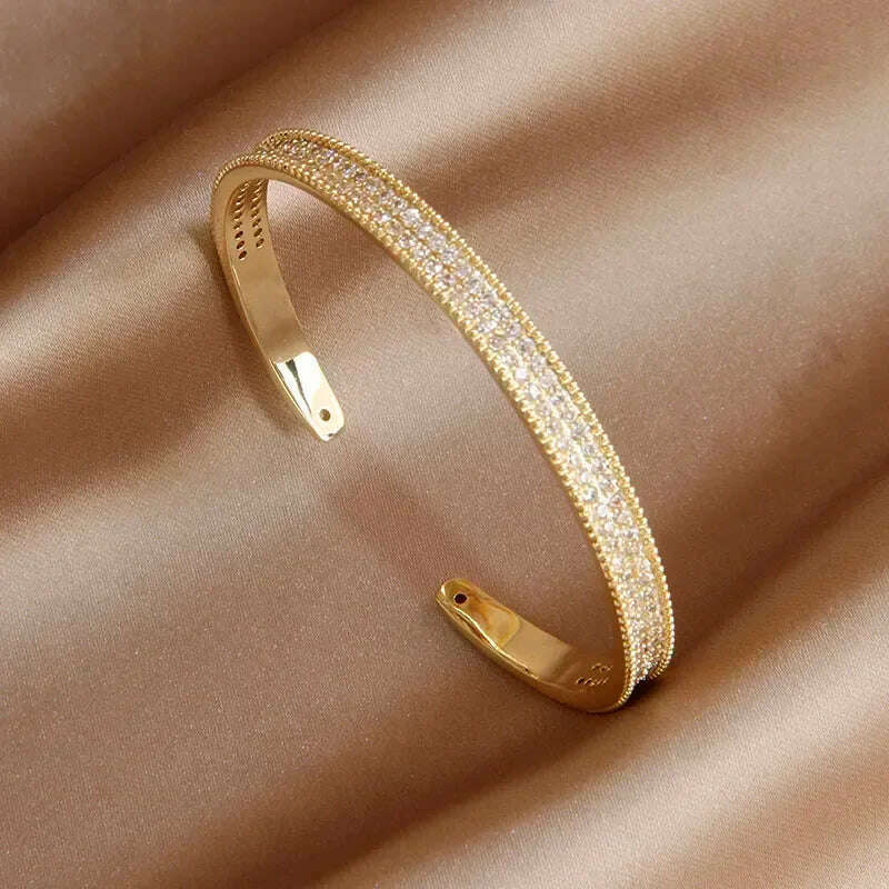KIMLUD, 2024 New Design Full Crystal Letter V Open Bangles for Women Fashion Brand Jewelry Delicate Zirconia Bracelets Party Gifts, L0904 gold, KIMLUD Womens Clothes