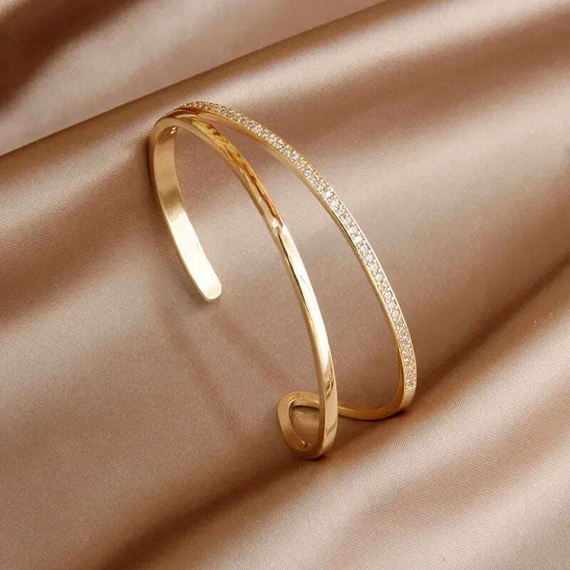 KIMLUD, 2024 New Design Full Crystal Letter V Open Bangles for Women Fashion Brand Jewelry Delicate Zirconia Bracelets Party Gifts, Y0402, KIMLUD Womens Clothes