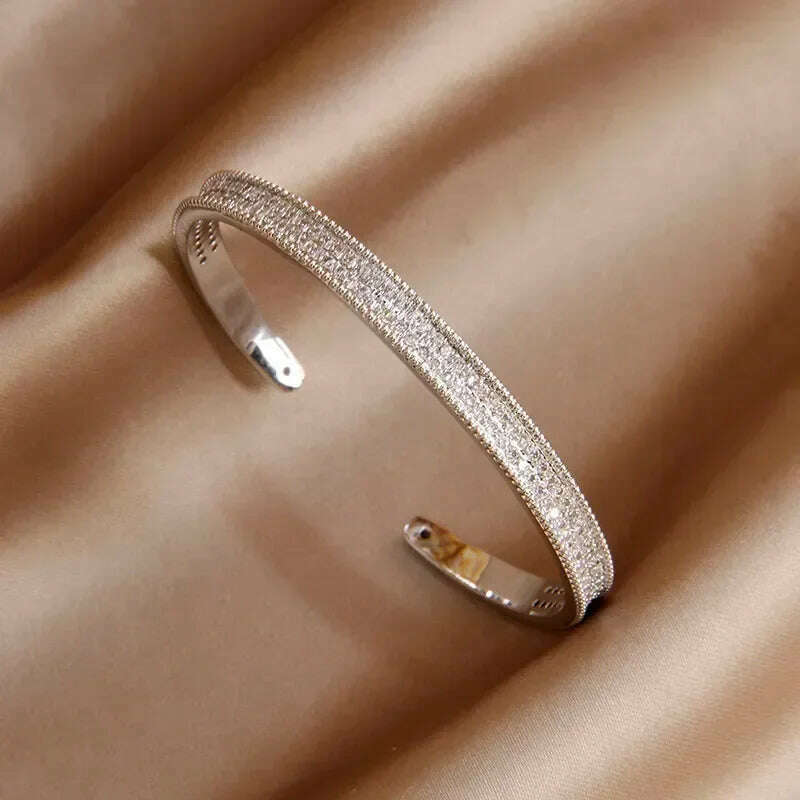KIMLUD, 2024 New Design Full Crystal Letter V Open Bangles for Women Fashion Brand Jewelry Delicate Zirconia Bracelets Party Gifts, L0904 silver, KIMLUD Womens Clothes