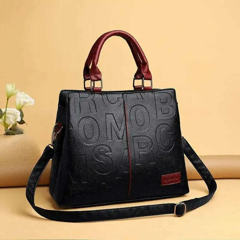 2024 New Fashion Solid Color Shoulder Large Capacity Soft Leather Cloth Letter Embossed Ladies Handbag - KIMLUD