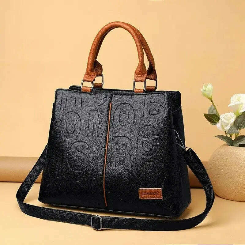 2024 New Fashion Solid Color Shoulder Large Capacity Soft Leather Cloth Letter Embossed Ladies Handbag - KIMLUD