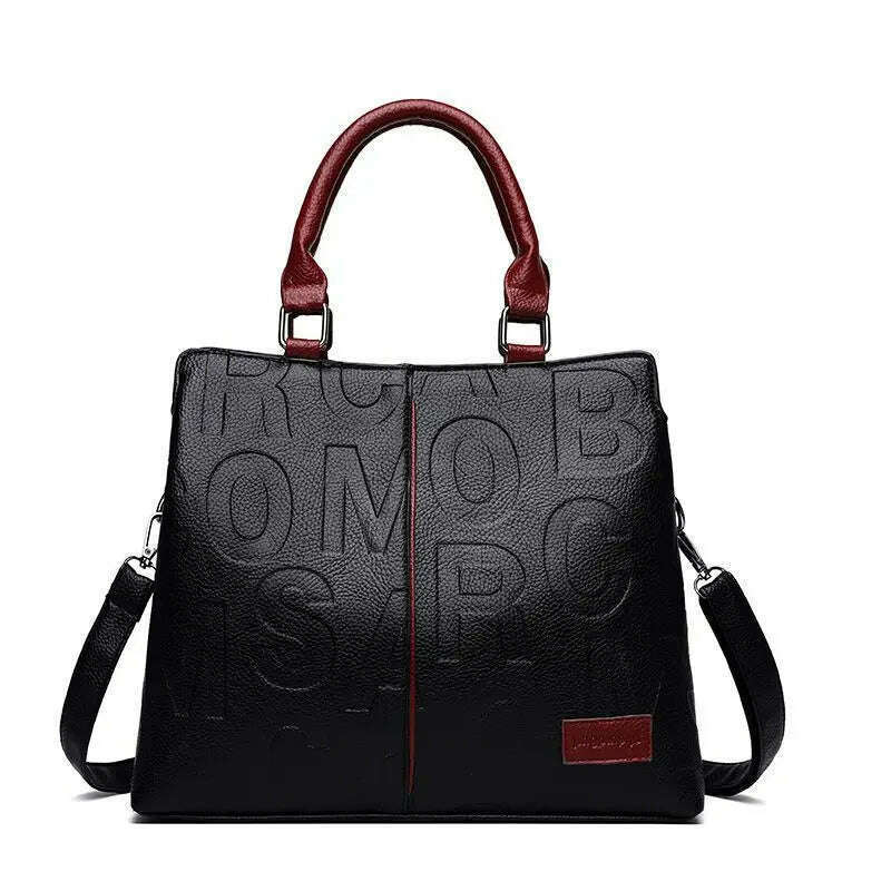 2024 New Fashion Solid Color Shoulder Large Capacity Soft Leather Cloth Letter Embossed Ladies Handbag - KIMLUD