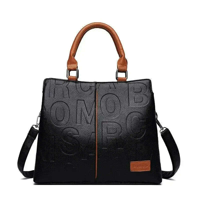 2024 New Fashion Solid Color Shoulder Large Capacity Soft Leather Cloth Letter Embossed Ladies Handbag - KIMLUD