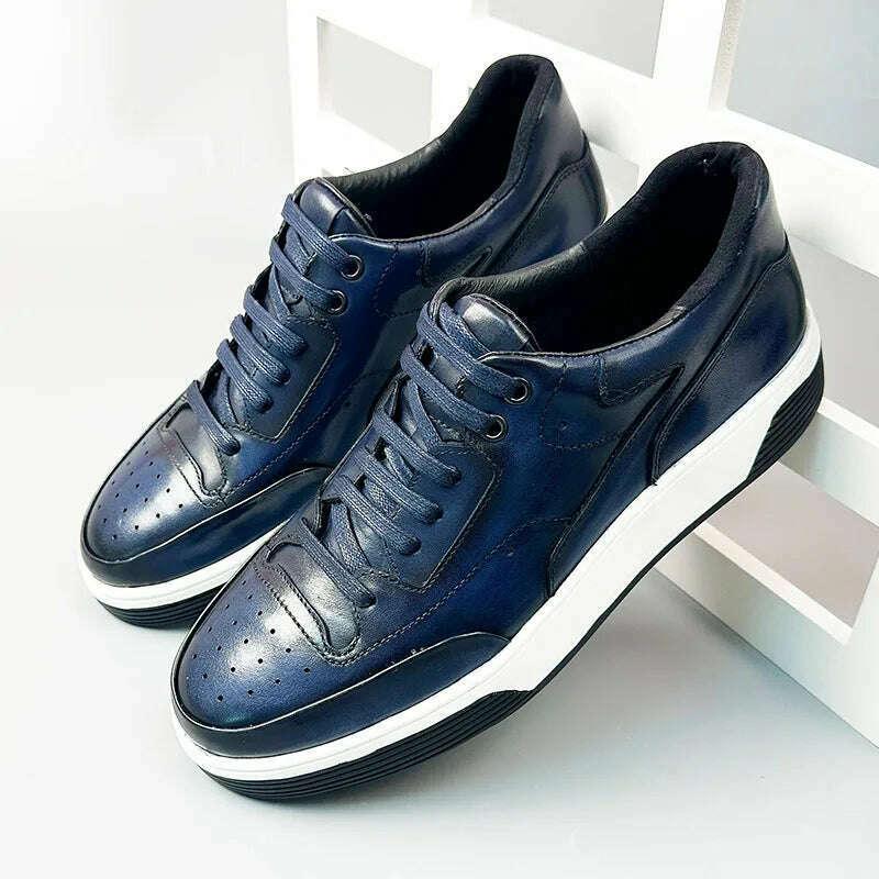 KIMLUD, 2024 New Genuine Leather Casual Shoes for Men Sneakers Soild Blue Black Sports Style Carved Breathable Business Social Flat Shoe, KIMLUD Women's Clothes