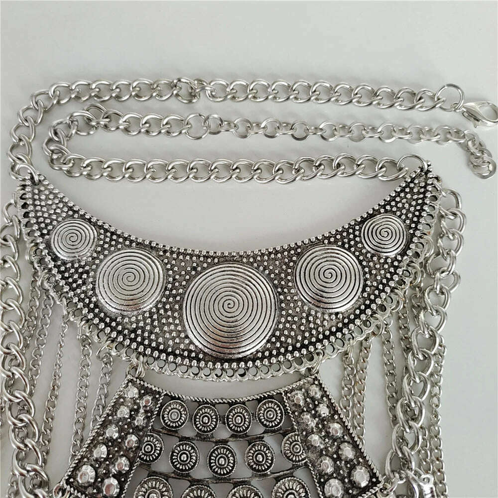 KIMLUD, 2024 New Indian Vintage Metal Chains Leaf Tassel Large Necklaces Pendants Women Punk Retro Silver Plated Statement Necklace Jewe, KIMLUD Womens Clothes