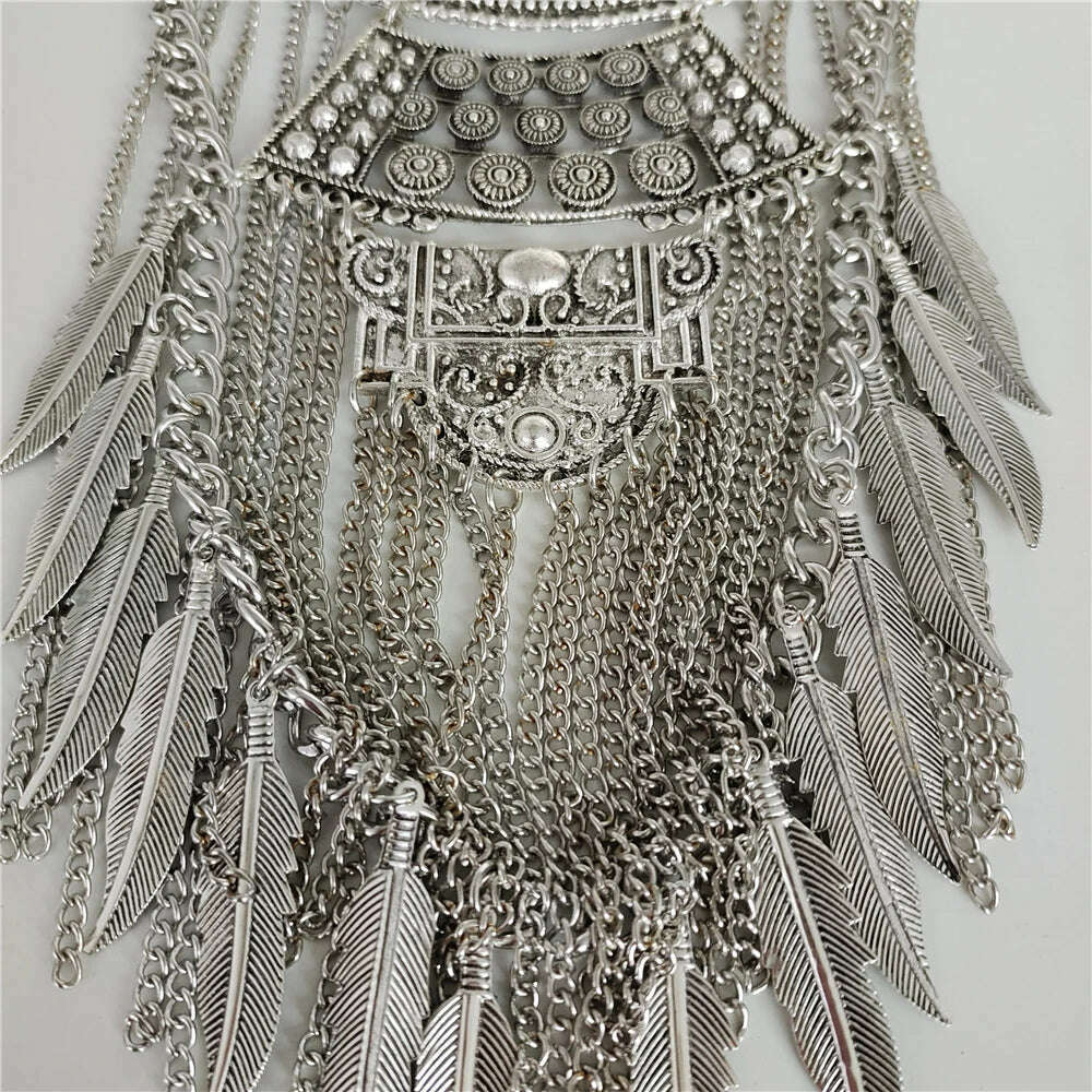 KIMLUD, 2024 New Indian Vintage Metal Chains Leaf Tassel Large Necklaces Pendants Women Punk Retro Silver Plated Statement Necklace Jewe, KIMLUD Womens Clothes