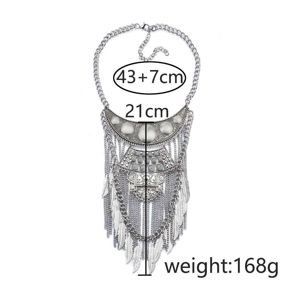 KIMLUD, 2024 New Indian Vintage Metal Chains Leaf Tassel Large Necklaces Pendants Women Punk Retro Silver Plated Statement Necklace Jewe, KIMLUD Womens Clothes