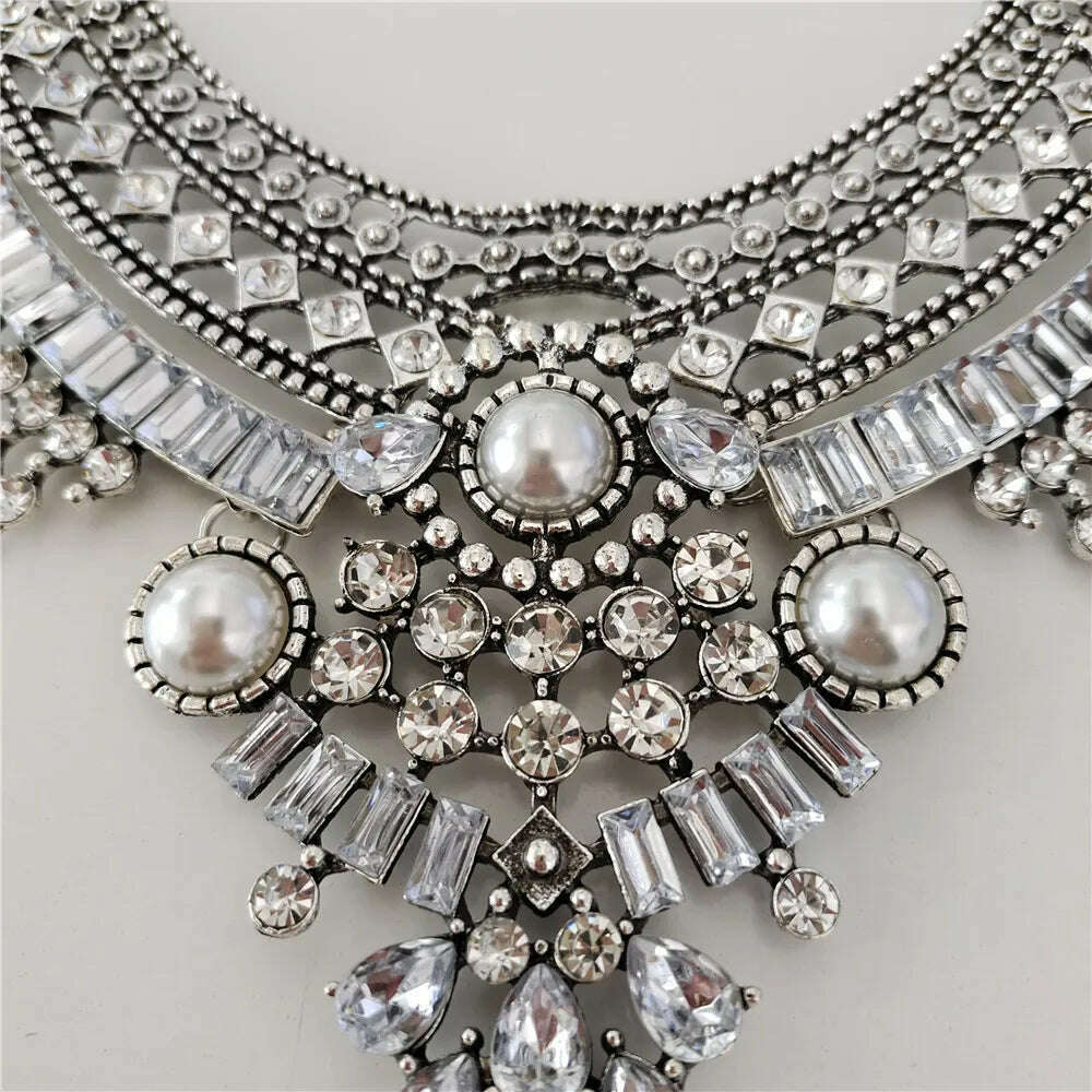 2024 New Indian Vintage Statement Metal Necklace Earrings Women Jewelry Sets Boho Retro Maxi Collar Necklace With Crystal Pearls - KIMLUD