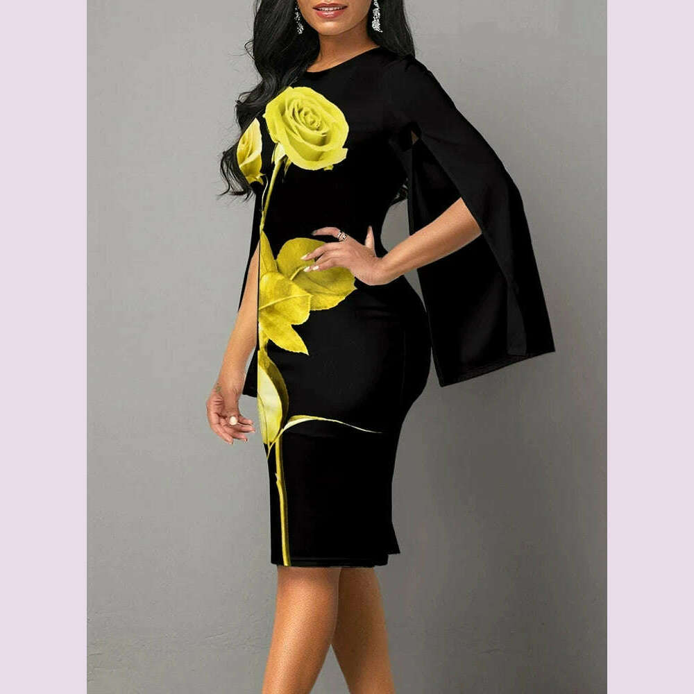 2024 New Sexy Split Fork Long Sleeve Slim Work Dresses Vintage Party Dresses For Women Fashion Elegant Print Bodycon Dress - KIMLUD
