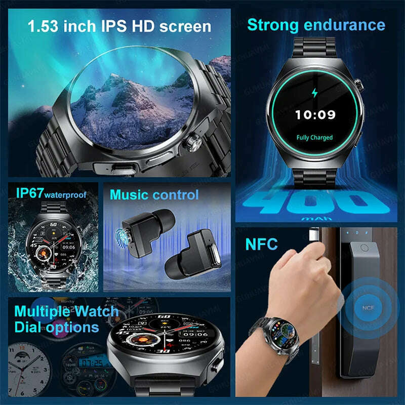 KIMLUD, 2024 New Smart Watch TWS Headset Two In One Wireless Bluetooth Dual Earbuds Call Health Monitor Sport Tracker NFC Smartwatch man, KIMLUD Womens Clothes
