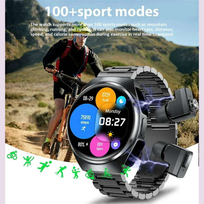 KIMLUD, 2024 New Smart Watch TWS Headset Two In One Wireless Bluetooth Dual Earbuds Call Health Monitor Sport Tracker NFC Smartwatch man, KIMLUD Womens Clothes