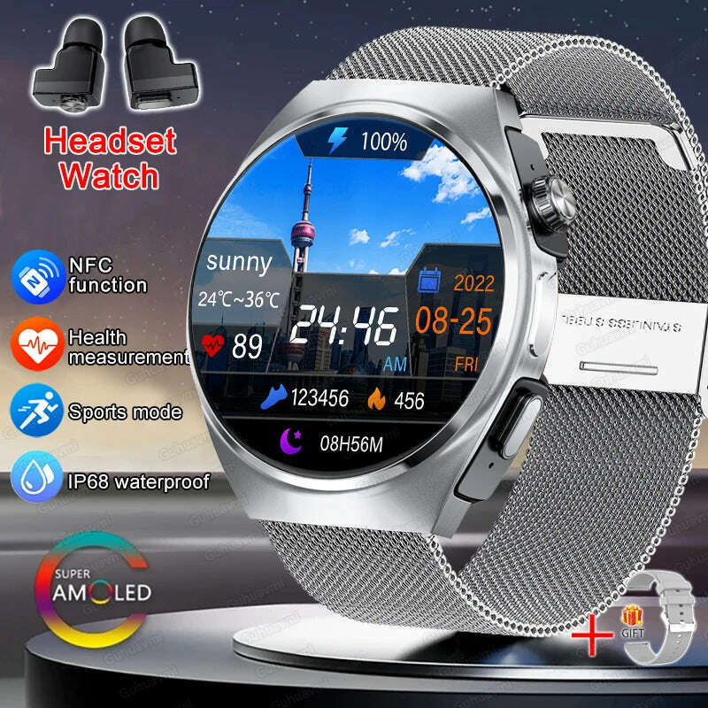 KIMLUD, 2024 New Smart Watch TWS Headset Two In One Wireless Bluetooth Dual Earbuds Call Health Monitor Sport Tracker NFC Smartwatch man, Silver Mesh Belt / smartwatch, KIMLUD APPAREL - Womens Clothes