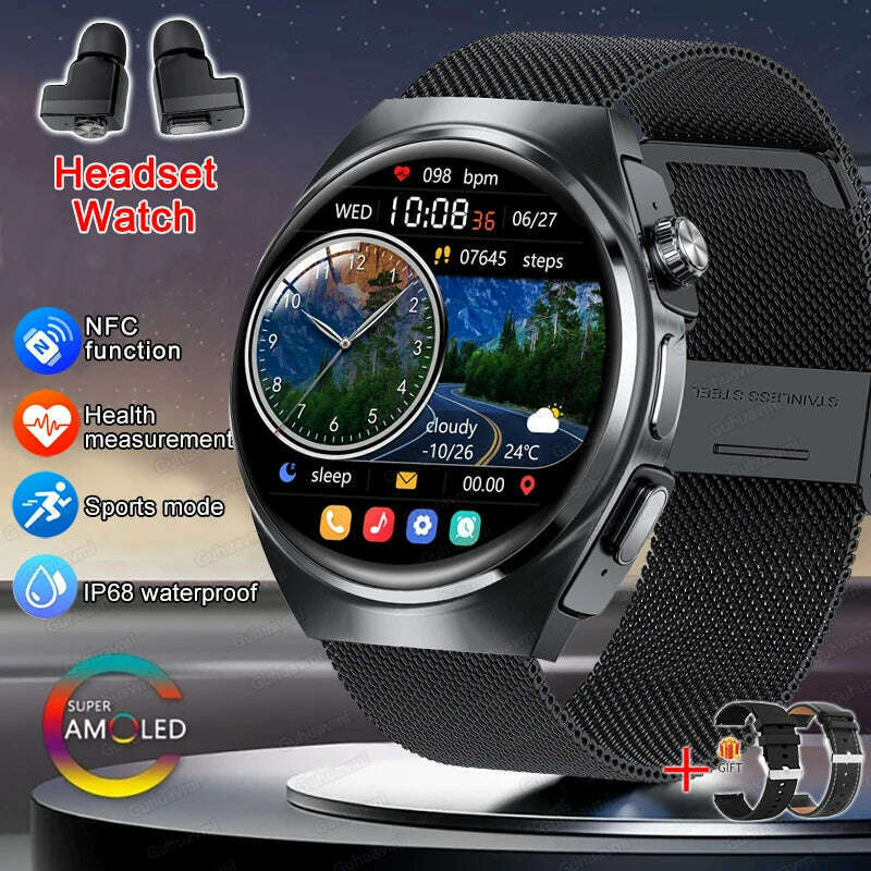 KIMLUD, 2024 New Smart Watch TWS Headset Two In One Wireless Bluetooth Dual Earbuds Call Health Monitor Sport Tracker NFC Smartwatch man, Black Mesh Belt 2A / smartwatch, KIMLUD APPAREL - Womens Clothes