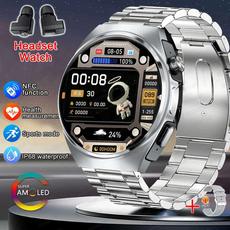 KIMLUD, 2024 New Smart Watch TWS Headset Two In One Wireless Bluetooth Dual Earbuds Call Health Monitor Sport Tracker NFC Smartwatch man, Silver Steel / smartwatch, KIMLUD APPAREL - Womens Clothes