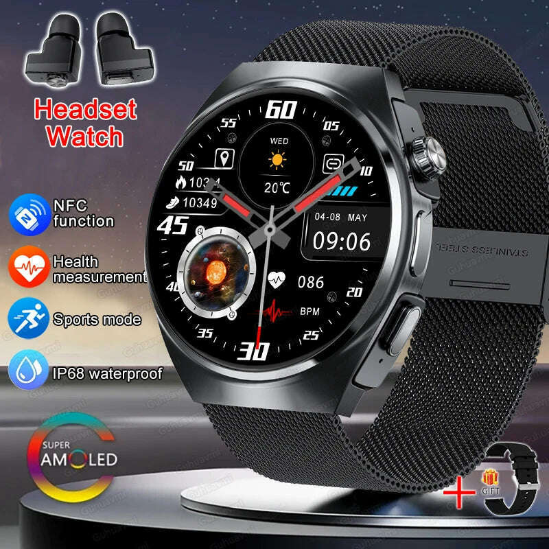 KIMLUD, 2024 New Smart Watch TWS Headset Two In One Wireless Bluetooth Dual Earbuds Call Health Monitor Sport Tracker NFC Smartwatch man, Black Mesh Belt / smartwatch, KIMLUD APPAREL - Womens Clothes