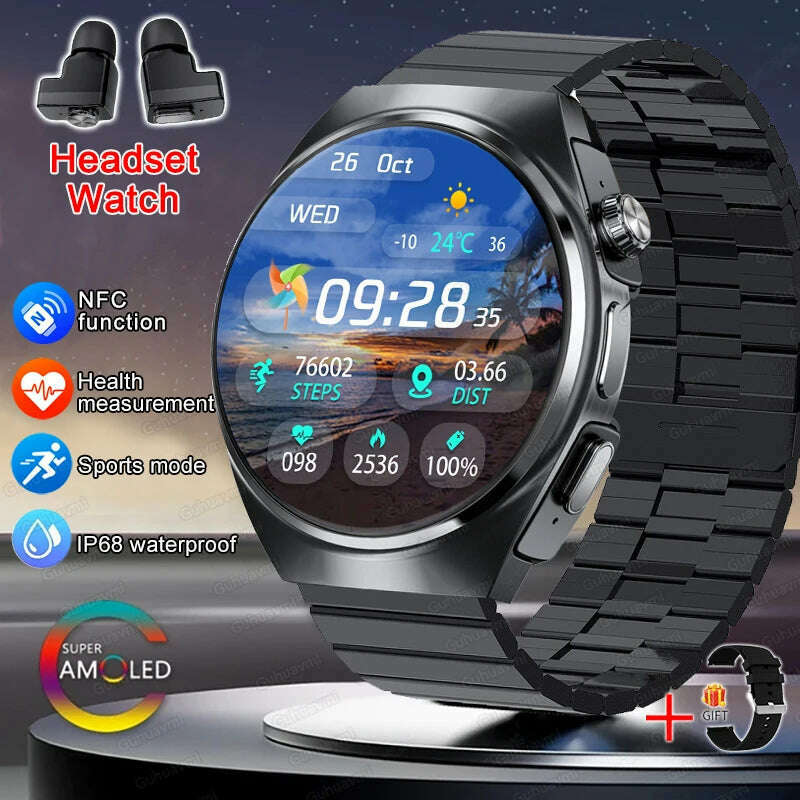 KIMLUD, 2024 New Smart Watch TWS Headset Two In One Wireless Bluetooth Dual Earbuds Call Health Monitor Sport Tracker NFC Smartwatch man, Black Steel B / smartwatch, KIMLUD APPAREL - Womens Clothes