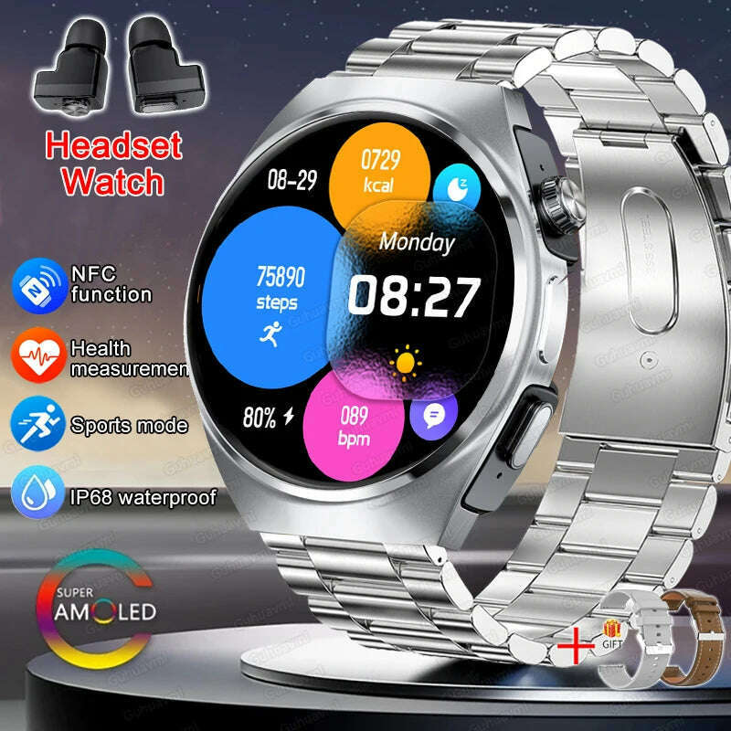 KIMLUD, 2024 New Smart Watch TWS Headset Two In One Wireless Bluetooth Dual Earbuds Call Health Monitor Sport Tracker NFC Smartwatch man, Silvry Steel 2A / smartwatch, KIMLUD APPAREL - Womens Clothes