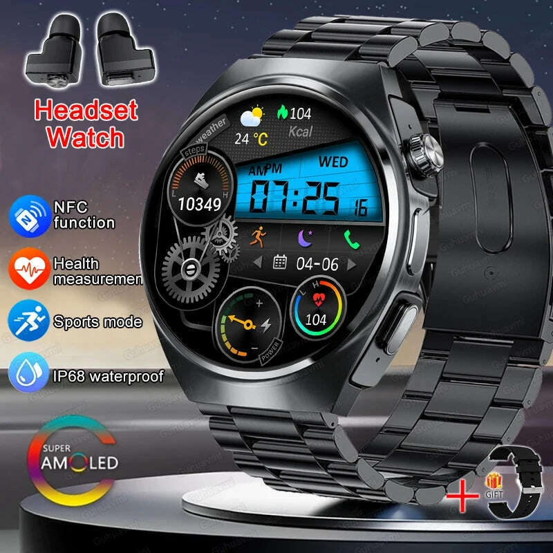 KIMLUD, 2024 New Smart Watch TWS Headset Two In One Wireless Bluetooth Dual Earbuds Call Health Monitor Sport Tracker NFC Smartwatch man, Black Steel / smartwatch, KIMLUD APPAREL - Womens Clothes