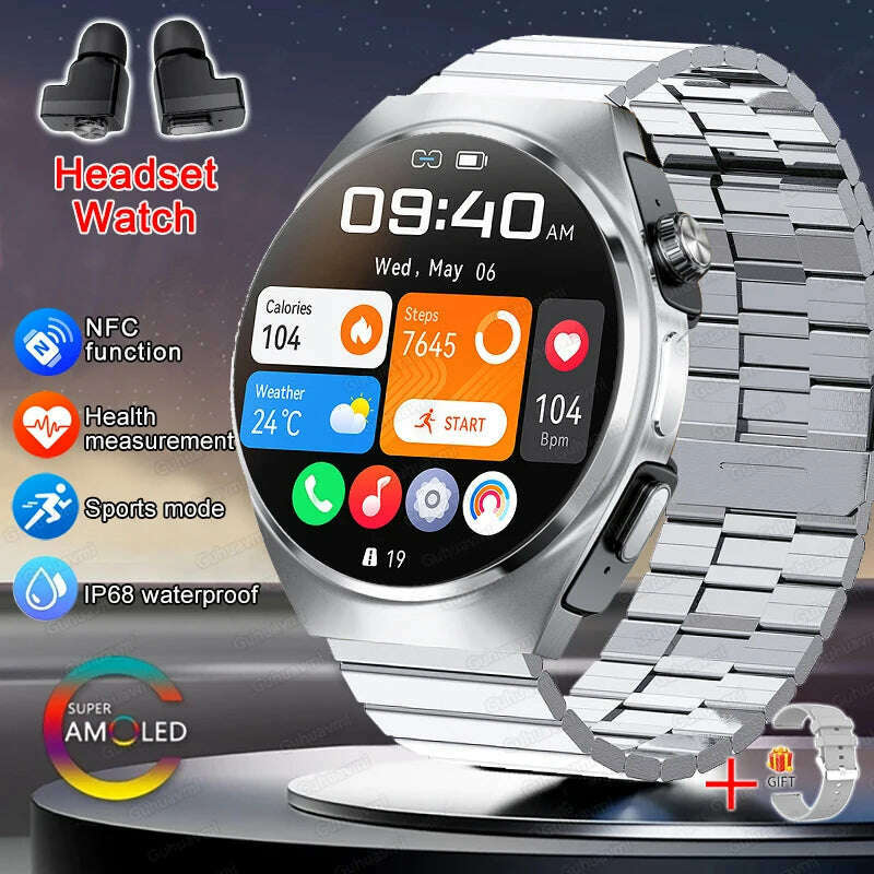 KIMLUD, 2024 New Smart Watch TWS Headset Two In One Wireless Bluetooth Dual Earbuds Call Health Monitor Sport Tracker NFC Smartwatch man, Silver Steel B / smartwatch, KIMLUD APPAREL - Womens Clothes