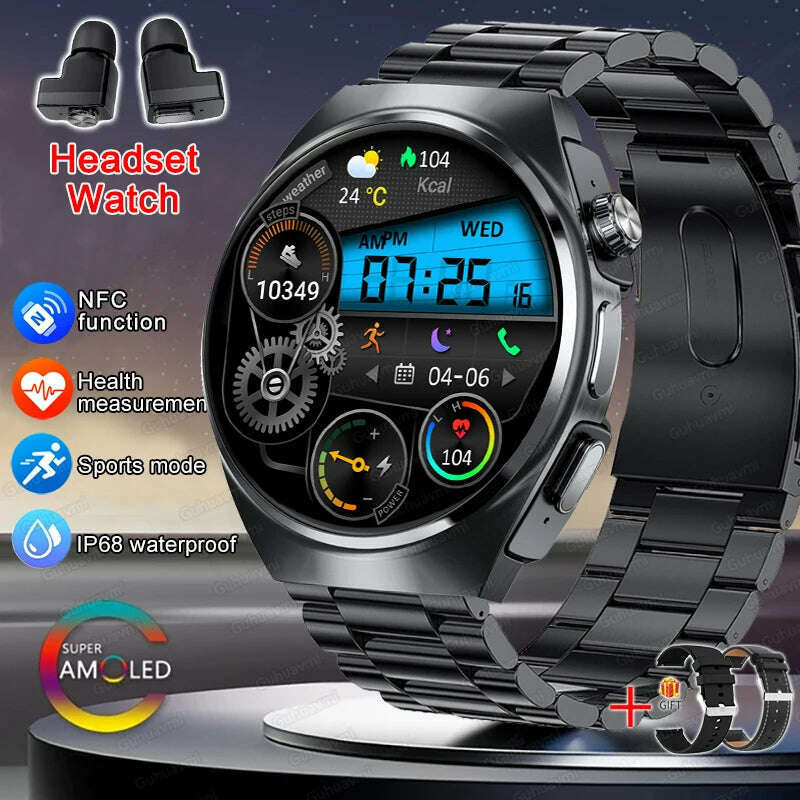 KIMLUD, 2024 New Smart Watch TWS Headset Two In One Wireless Bluetooth Dual Earbuds Call Health Monitor Sport Tracker NFC Smartwatch man, Black Steel 2A / smartwatch, KIMLUD APPAREL - Womens Clothes