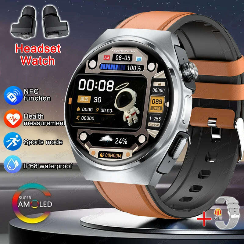 KIMLUD, 2024 New Smart Watch TWS Headset Two In One Wireless Bluetooth Dual Earbuds Call Health Monitor Sport Tracker NFC Smartwatch man, Brown leather / smartwatch, KIMLUD APPAREL - Womens Clothes